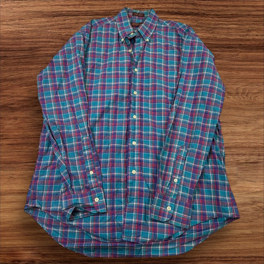 Mens VTG Chaps Ralph Lauren‎ Button Down Shirt Plaid Long Sleeve Blue Red Cotton